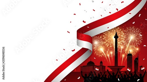 Dark red night city background with glowing golden fireworks and a long wavy Indonesian flag ribbon sweeping across.