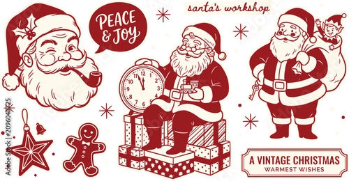Foto Vintage christmas illustrations of santa claus and holiday decorations