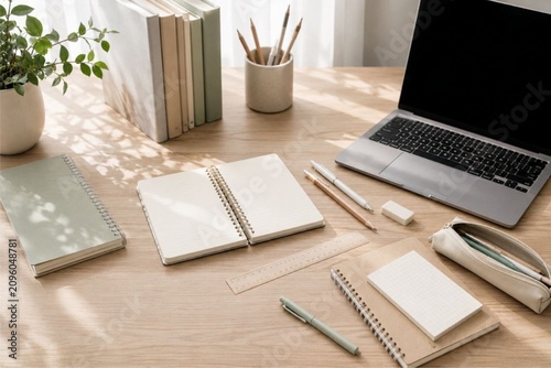 Иллюстрация без названия.     Back to Schoo workspace with notebook and school supplies 