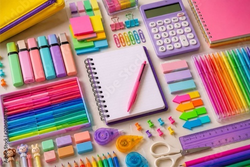 Иллюстрация без названия.    Colourful back to school stationery background  