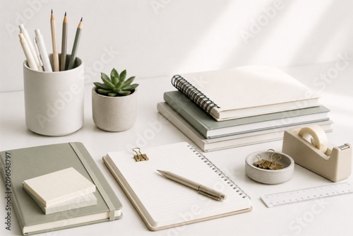 Иллюстрация без названия.   Minimalist school workspace with stationery