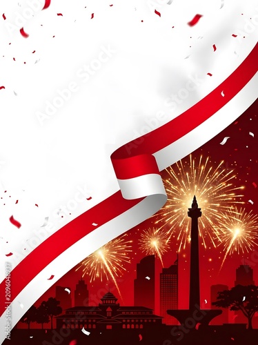 Festive vertical poster with a dark background, glowing city fireworks, Monas silhouette, and a swirling red and white flag ribbon.