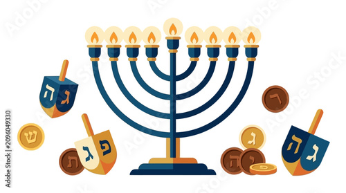 Foto Colorful Hanukkah menorah, dreidels and gelt representing the festive holiday