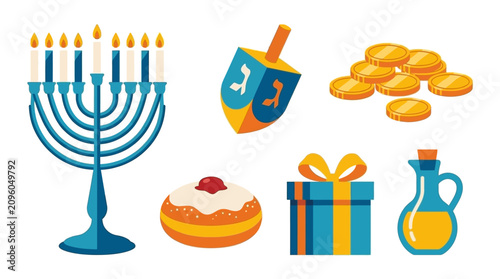 Obraz na plátne Colorful Hanukkah symbols including menorah dreidel gelt and sufganiyot