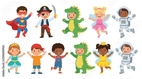 Bild auf Leinwand Happy diverse children wearing fun costumes for dress-up play