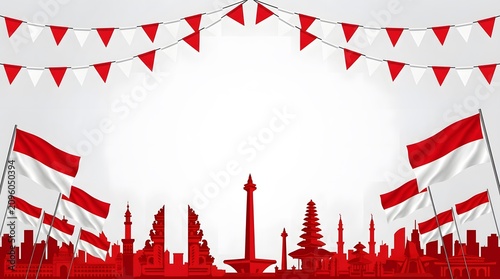 Horizontal banner with red silhouette of Jakarta city landmarks, Monas, Indonesian flags, and festive bunting decorations.