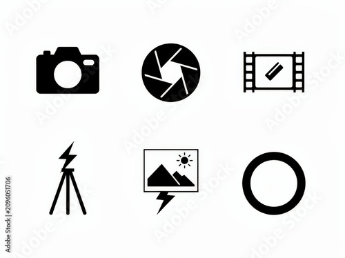 Six black photography-related icons including a camera, shutter, film strip, tripod with flash, photo frame with flash, and a circular ring on a white background.