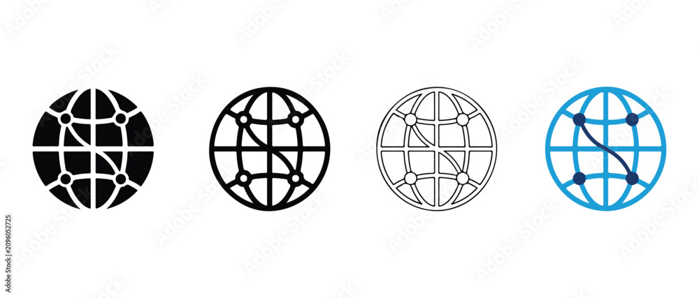 Obraz premium globe network icons in black white and blue on white background for business technology and communication concepts