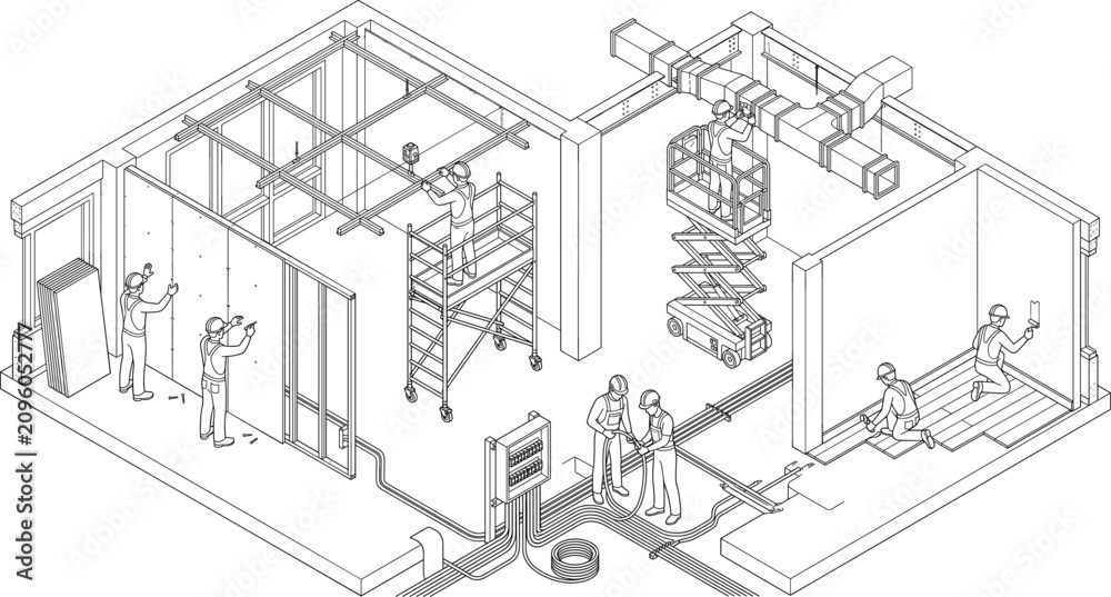Fototapeta premium Isometric line art vector illustration of interior building construction site with workers and installation processes