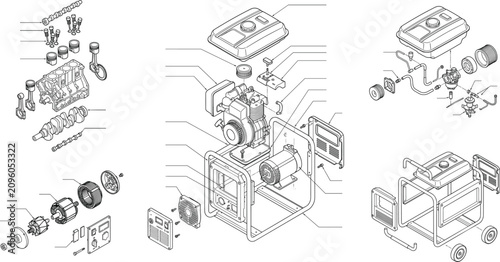 Bild auf Leinwand Technical blueprint vector of portable power generator assembly exploded view an