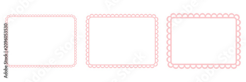 Set of rectangle frames with scallop edge. Ornate border with different size embroidery. Baby pink background. Vector lacework
