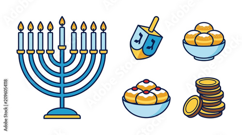 Photos A traditional menorah with dreidel and festive food for the Hanukkah holiday cel