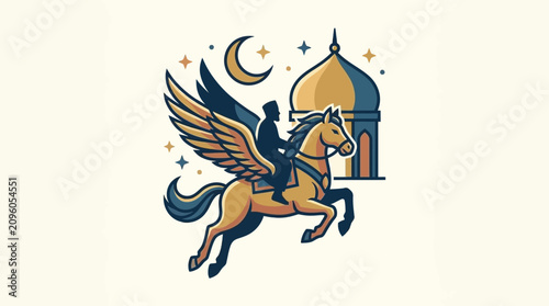 Foto Stylized illustration of a rider on a winged horse flying past a mosque dome