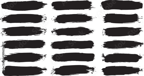 Set of black distressed paint brush strokes isolated on transparent background set
