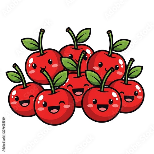 Cute Smiling Red Cherries Clustered Together on White Background