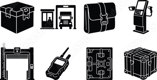 Obraz na plátne Logistics and Security Icons Set Featuring Cargo Box Checkpoint Scanner Safe Vau