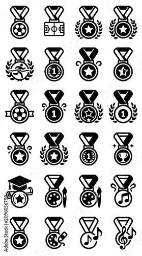 Medal Icons Set: Sports, Achievement, Education, Art, Music Awards