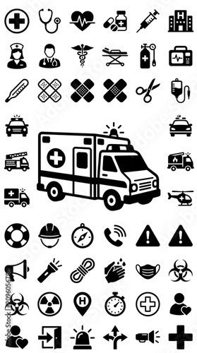 Medical and Emergency Services Icons: Ambulance, Doctor, Nurse, Stethoscope, Syringe, Hospital