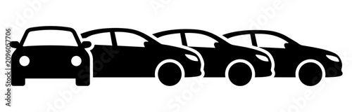 Obraz na płótnie Black silhouettes of three cars in a row on white background, showcasing vehicle shapes and designs in a minimalist style with sleek lines and contours