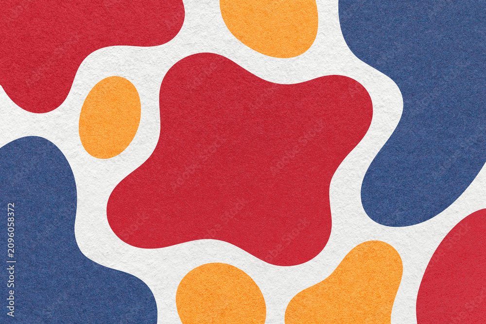 Naklejka premium Abstract red, blue, orange paper texture background with amorphous fluid blob shapes and spots in flat organic design