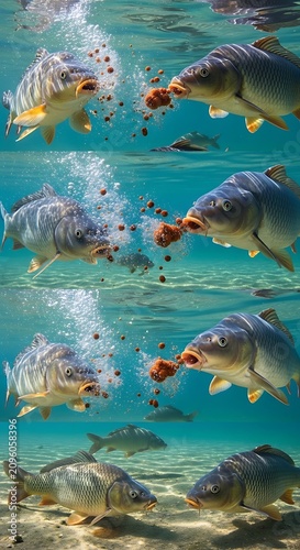 Large Silver Carp Feeding on Pellets in Clear Underwater Pond