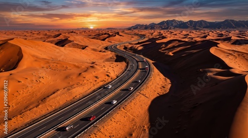 Curving asphalt highway through a vast desert landscape at sunset with scattered vehicles road sand