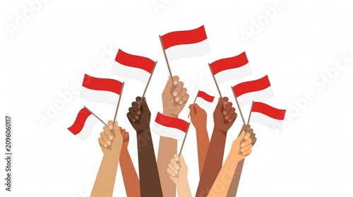 Hands Holding Indonesian Flags Flat Illustration