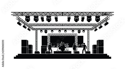 Tableau sur toile Concert stage silhouette with band performing black on white background