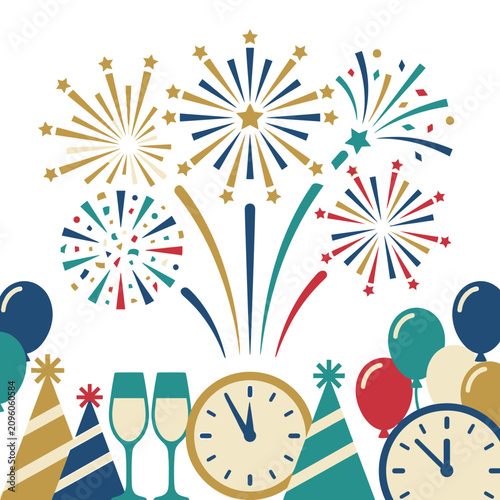 Canvas Print Festive New Year Eve illustration with midnight clocks, fireworks and party hats