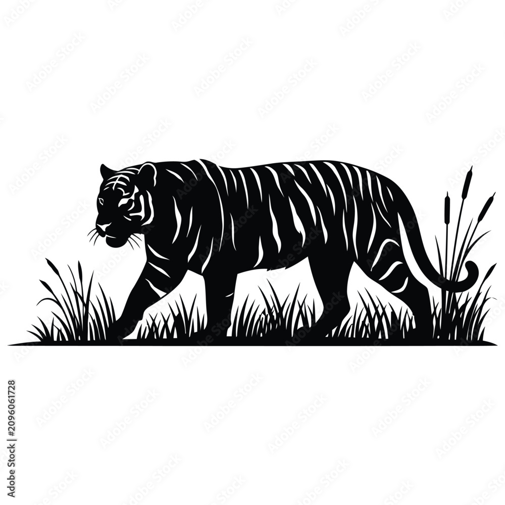 Obraz premium Flat vector illustration silhouette of a majestic tiger walking in tall grass