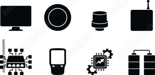 Smart Home Technology and Network Hardware Icon Set Featuring Router Server Monitor and Microchip Silhouettes
