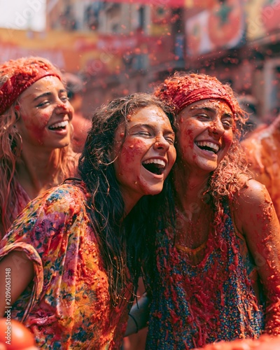 happy friends laughing during La Tomatina tomato fight, colorful splashes, authentic Spanish festival, bright summer daylight, realistic lifestyle photography