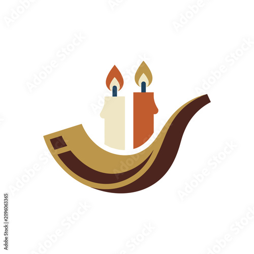 Tableau sur toile Minimalist illustration of a Jewish shofar horn with two burning candles