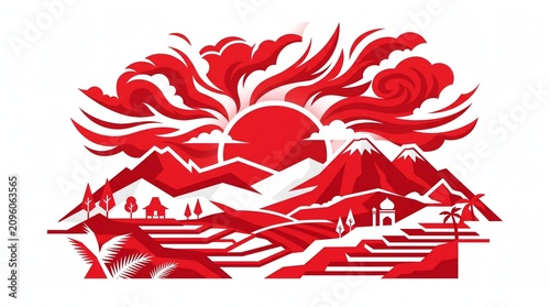 Red White Sunrise Flat Illustration