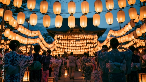 iconic Obon Festival celebration featuring glowing lanterns, Bon Odori dancers, traditional yukata, Japanese temple architecture, peaceful spiritual atmosphere, warm summer evening, authentic