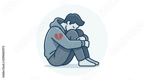 Photos Sad person sitting alone with a broken heart symbol on their sleeve