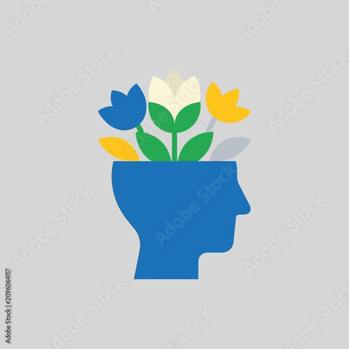 Canvas Print Minimalist vector illustration of flowers growing from a human head profile