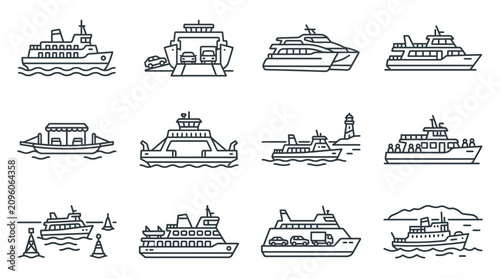 Принти на полотні Collection of nautical ship and ferry line icons.