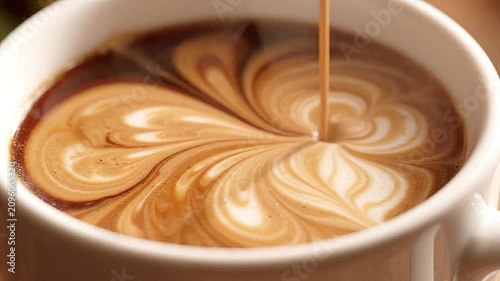Creamy milk pouring into black coffee cup creating beautiful floral latte art animation video footage