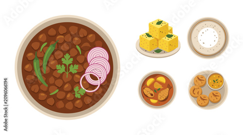 Canvas Print Delicious Indian regional specialty Cuisine Assortment punjab chole, gujarat dhokla, kerala appam, bengali macher jhol, rajasthan dal baati