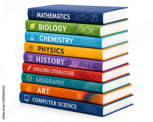 Stack of colorful textbooks on various subjects arranged neatly  
