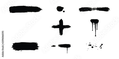 Set of black ink brush strokes and spray paint drips for design elements