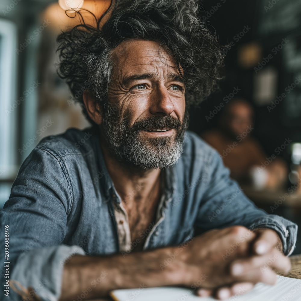 Fototapeta premium Bearded man smiles warmly at the camera. Wearing a faded denim shirt, he leans forward. His hands rest gently on a notebook. Soft background lights create a cozy, intimate setting