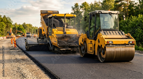 фотографія Road roller and asphalt paver at highway construction work
