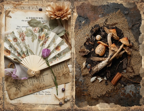Vintage collage featuring floral fan tulip antique papers and mushrooms on dark soil and burlap