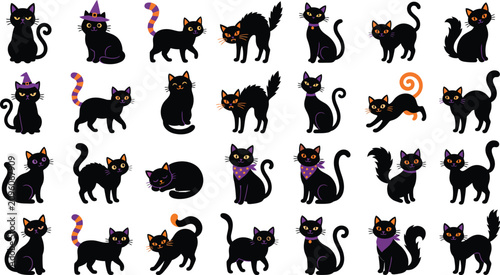 Halloween Black Cat Silhouette Icon Set Vector for Spooky Holiday