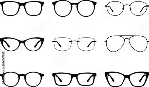 Solid black glasses frame vector silhouette set featuring modern and retro minimalist eyewear styles