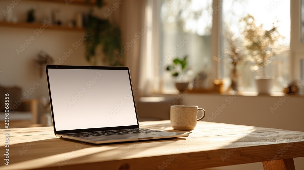 Fototapeta premium Modern home workspace featuring a slanted laptop and an empty display under warm natural light