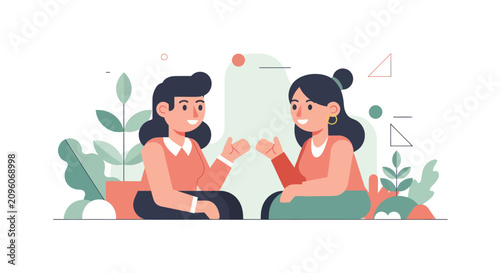 Fotografía Two women talking and gesturing while sitting down.
