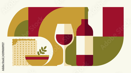 Photos A minimalist flat illustration depicting a glass of wine and matzah bread